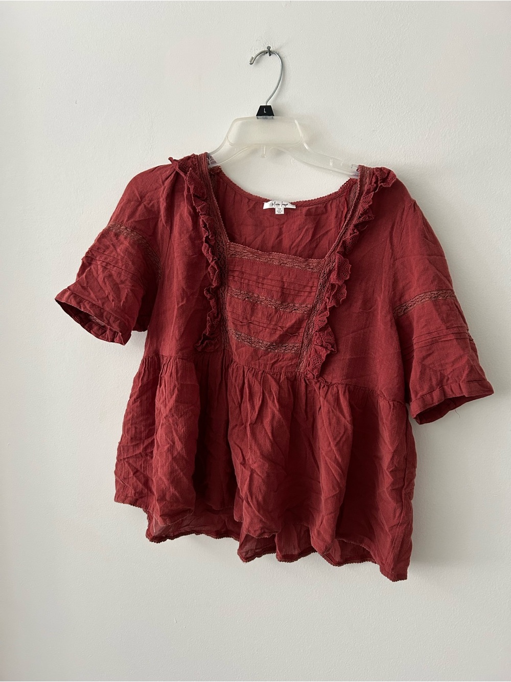 Ruffled Peasant Blouse in Brick Red